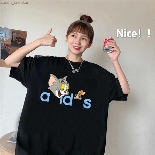 

summer new women's thin short-sleeved korean version of loose contrast letter round neck t-shirt couple a-7, White