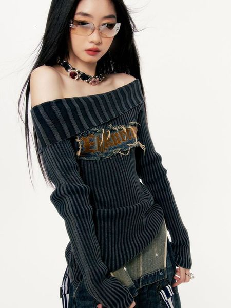 

men's sweaters slash neck vintage letter embroidery gothic sweater fashion slim fit jumpers y2k punk harajuku casual grunge clothes 230, White;black