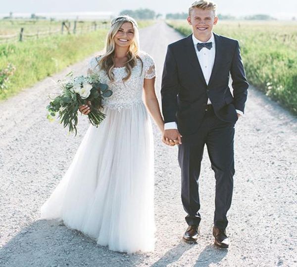 

lorie wedding dress short sleeves scoop lace a line tulle skirt beach bride dress boho wedding gown 20197844173, White