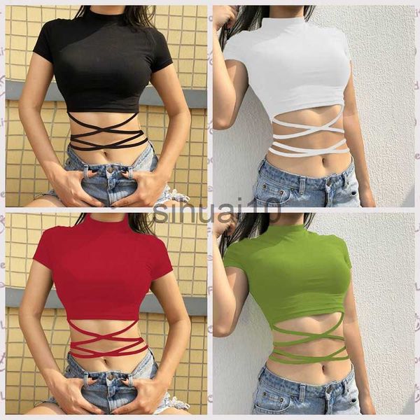 

diy tanks camis 2022 summer women black short t-shirts crop short sleeve bandage tee female shirts crop female woman clothes j230706