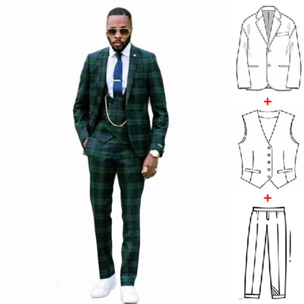 

men's suits blazers design green plaid for men 3 pieces slim fit custom made terno groom wedding masculino male suit jacketpantvest 230, White;black