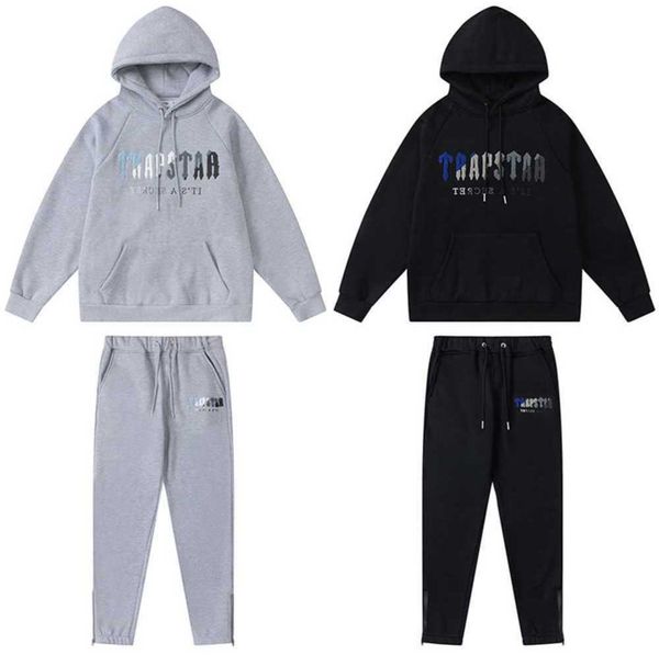

designer clothing men's sweatshirts hoodie american trendy trapstar colorful gradient towel embroidered hooded velvet sweater pants spr, Black