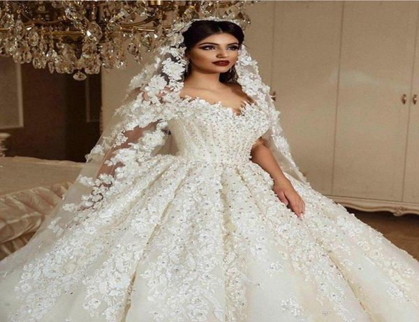 

luxury 3d lace flowers off shoulder ball gown wedding dresses vintage princess saudi arabic dubai plus size bridal gown8286502, White