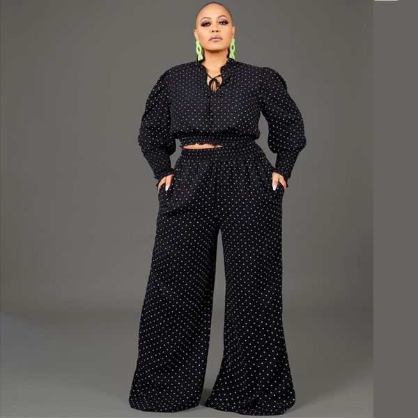 

women's plus size pants size twopiece women's clothing set polka dot round neck lace pocket wide leg pants wholesale direct 230705, Black