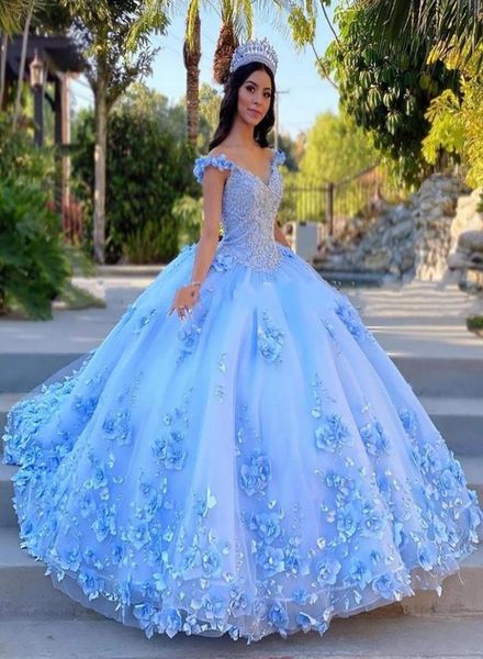 

2021 dreaming floral 3d flowers quinceanera dresses prom dress vneck flower straps beaded corset back sweet 15 16 girls dress bal5706713, Blue;red