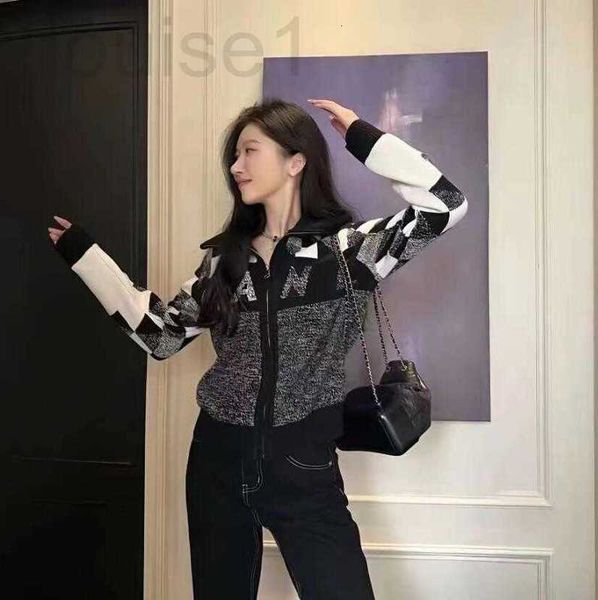 

women's sweaters designer fall womens sweater high-quality luxury cardigan zipper lapel vintage patchwork color knitted comfortable and, White;black