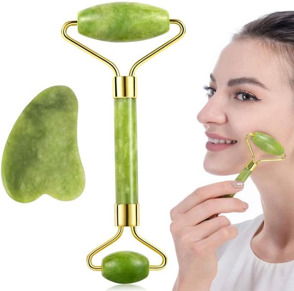 

2in1 set green natural jade roller guasha gua sha scraper tools stone face massager for neck back jawline skin care lifting with b3590889