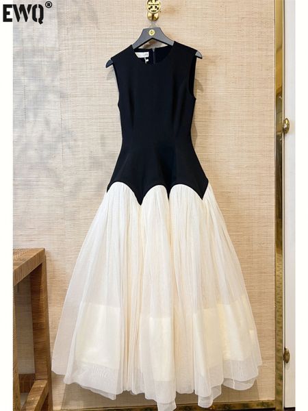 

basic casual dresses ewq women vintage pleated vest dress contrast color sleeveless mesh spliced party female 2023 summer robe 16y7498 23070, Black;gray