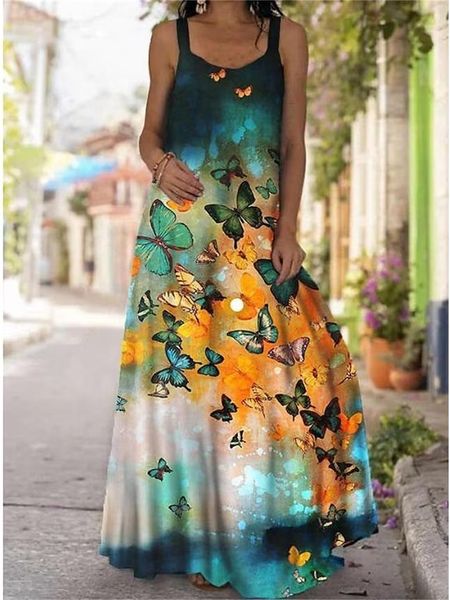 

basic casual dresses plus size long maxi dress women sleeveless loose beach sun summer fashion printed boho 230706, Black;gray