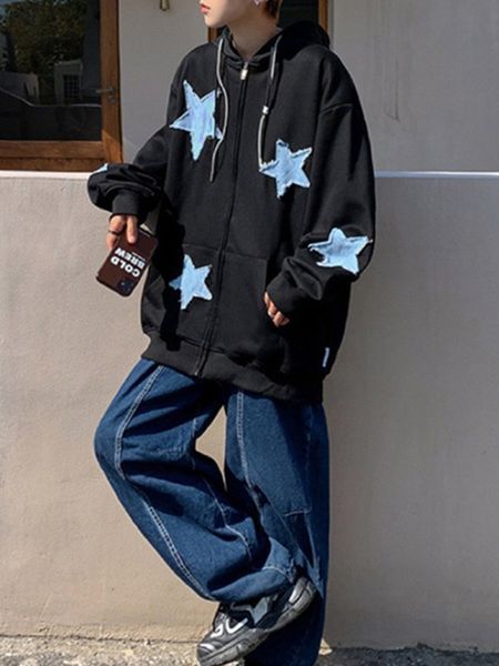 

womens hoodies sweatshirts women star patch autumn vintage harajuku long sleeve hooded female hip hop zip up oversized y2k hoodie 230705, Black