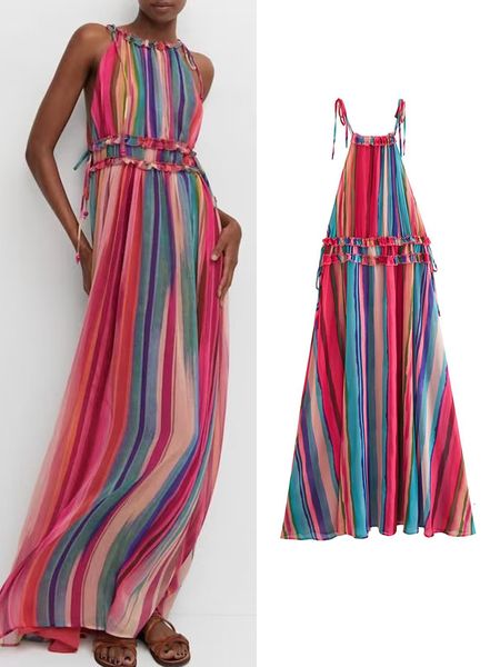 

basic casual dresses traf 2023 summer print dress for women female vacation style o neck sleeveless waist spliced decoration long 230705, Black;gray