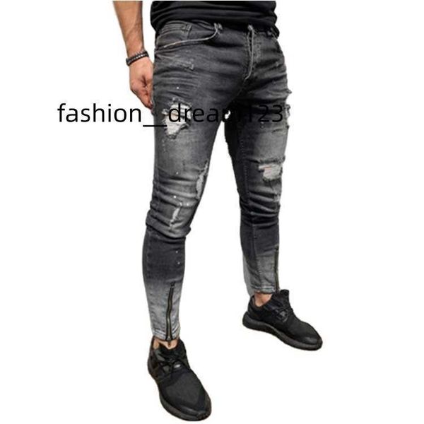 

casual regular straight fit jeans distressed ripped slim wash denim pants for men, Blue