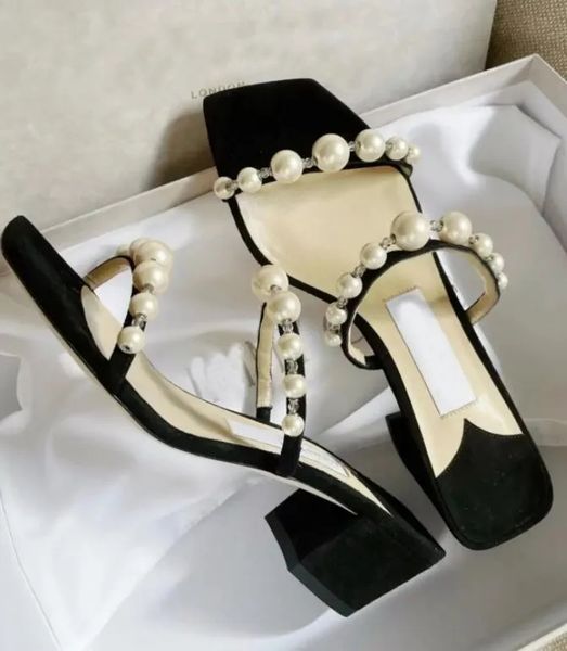 

luxurious design dress shoe amara women sandal pearl strap slippers chunky heels mule square toe lady summer pumps party wedding eu35-43.box, Black