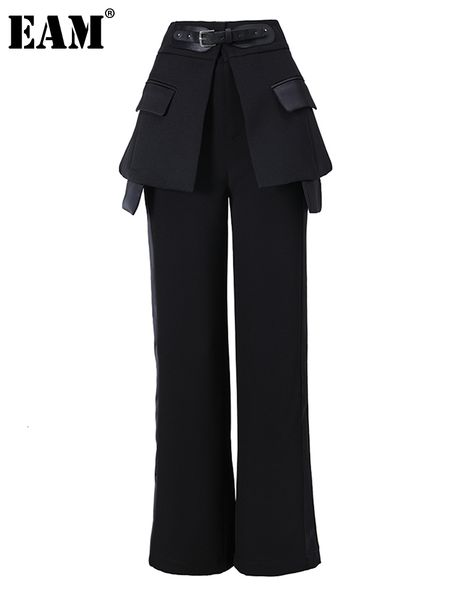 

women's pants capris eam high waist black irregular leather long wide leg pants loose fit trousers women fashion spring autumn jq78101, Black;white