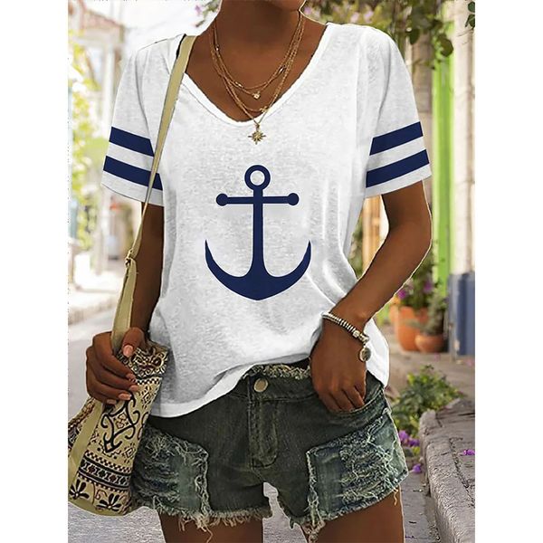 

women's tshirt summer shirts women t shirt short sleeve anchor graphic clothing everyday streetwear vneck pullovers for women's t, White