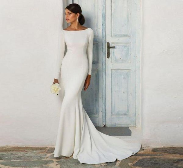 

2020 modest mermaid wedding dresses with long sleeves boat neck covered back women bridal gowns elastric satin long wedding dress1392289, White