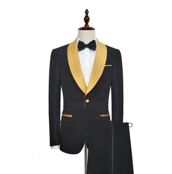 

black with gold trim shawl lapel one button fashion mens tuxedos for prom wedding evening party blazerpants custom made8180461, Black;gray