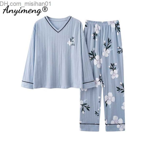 

women's sleep lounge elegant printed pajama set suitable for women's autumn and winter new soft knitted cotton long sleeved women&