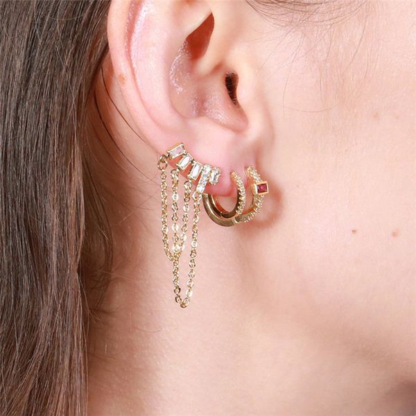 

fashion 3pcs/set tassel hoop earrings designer for woman green rose aaa cubic zirconia 18k gold copper diamond earring geometry luxury jewel, Golden;silver