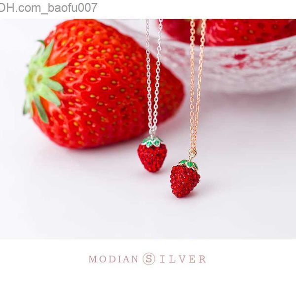 

pendant necklaces modian genuine 925 sterling silver fashion 3d strberry pendant necklace women's crystal chain necklace exquisite jewe