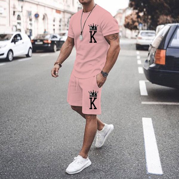 

mens tracksuits pink t shirts sets crown k design printing solid color summer outfits 2 piece oversized short sleeve suit for male 230706, Gray