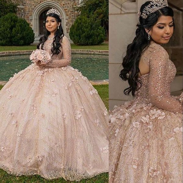 

2023 ball gown quinceanera dresses bridal gowns blush pink sparkly sequined rose gold crystal beads illusion corset back long sleeves sweet, Blue;red