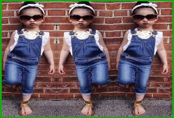 

little girls overalls suits children summer outfits kids sleeveless tshirt suspender trousers jeans toddler clothing 3401814, White