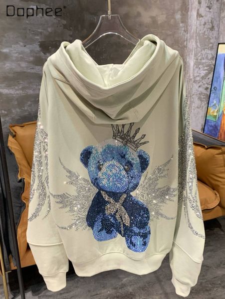 

women's hoodies sweatshirts luxury trendy hoodie heavy industry big wings cartoon bear long sleeve pullover green hoody 230705, Black