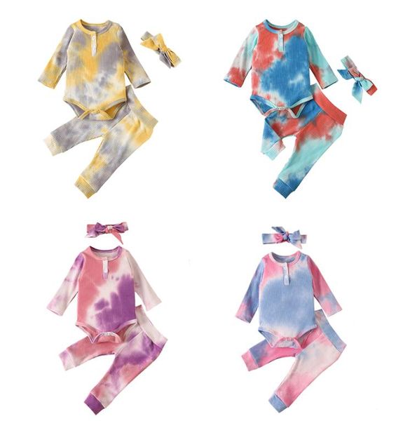 

autumn kids clothes article pit tie dyed clothing sets baby long sleeve romper pants headbands 3pcsset boutique child out5844792, White