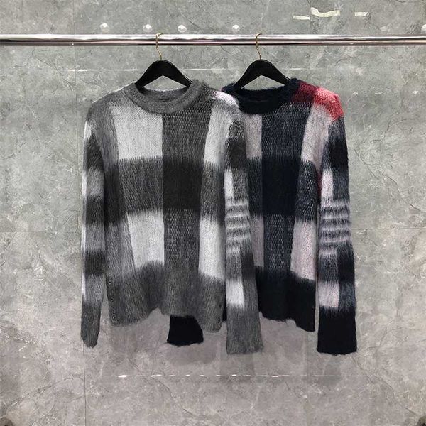 

tb thom sweaters winter sweater male fashiom brand men's clothing classic mohair 4-bar stripe crew neck pullover plaid coats, White;black