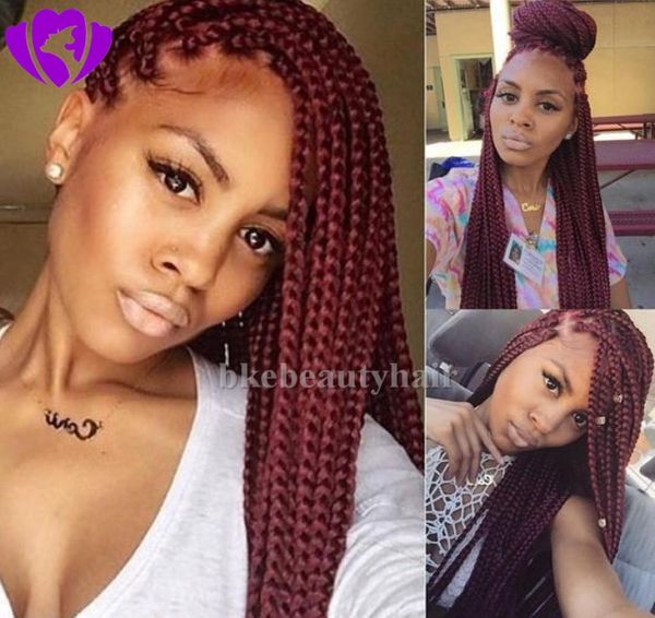 

selling burgundy braided lace wig hand tied glueless high temperature braids synthetic full lace front wig for africa american 2479604, Black