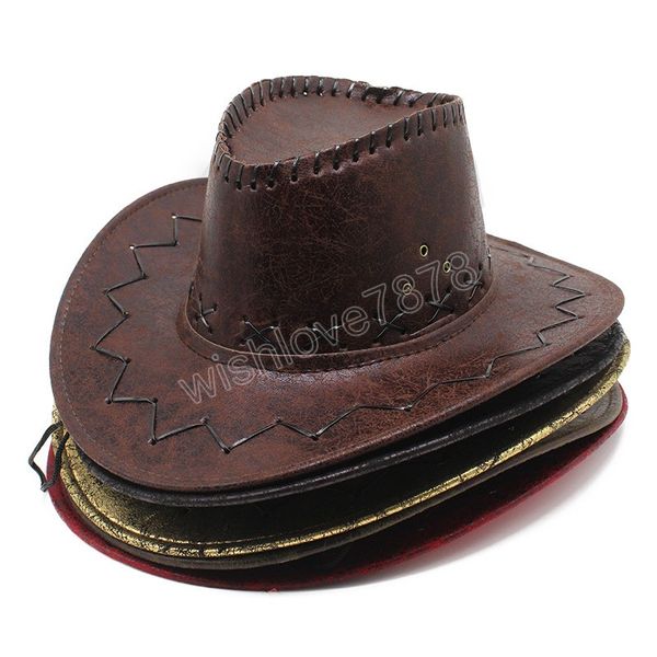 

women men pu leather western cowboy hat outdoor travel jazz cowgirl cap wide brim church sombrero cap, Blue;gray