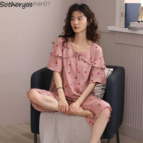 

women's sleep lounge pajama set women's short sleeve long pants elegant printed ruffled loose relaxed comfortable and unique cute