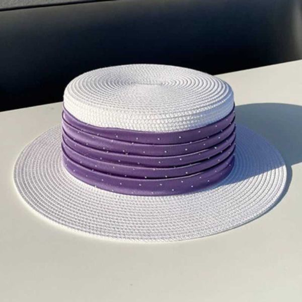 

wide brim hats spring summer broad brimmed sun 4 colors satin spliced formal hat lady all match beach flat straw caps 56-58cm 4aear, Blue;gray