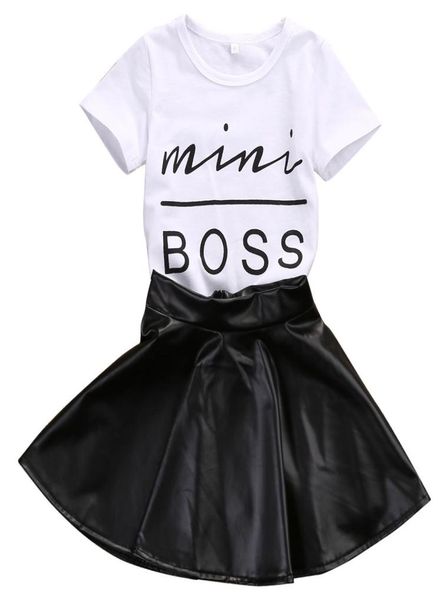 

2018 new fashion toddler kids girl clothes set summer short sleeve mini boss tshirt leather skirt 2pcs outfit child suit8157641, White