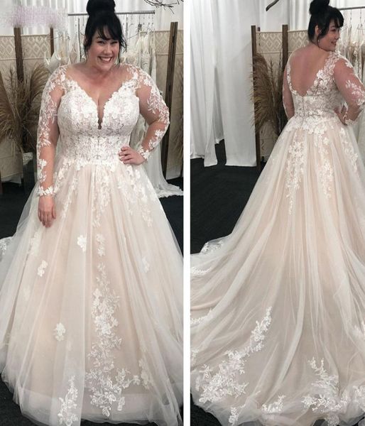 

2021 vintage lace a line wedding dresses long sleeves plus size bridal gowns v neck sweep train light champagne outdoor wedding we3548916, White