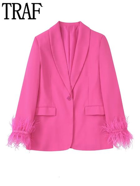 

women's suits blazers traf pink feather blazer woman straight button jacket women fashion streetwear blazer women long sleeve blazers f, White;black
