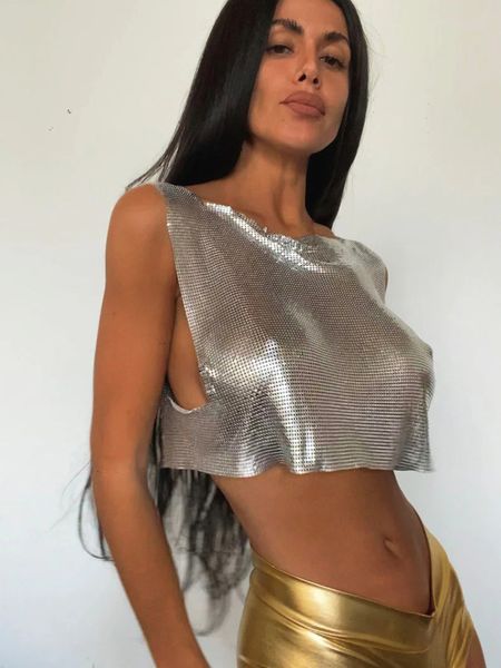 

women's tanks camis metal sequin tank for women y2k summer beach backless crop rave festival club outfits camisole 230705, White