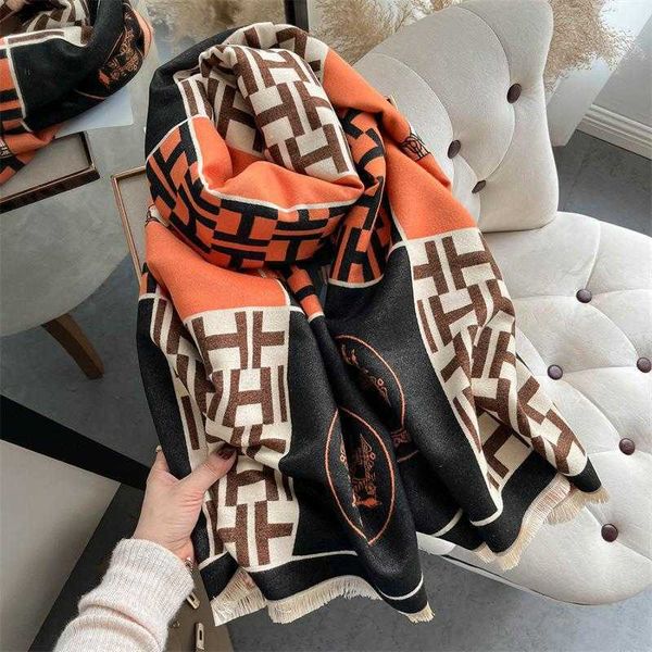 

designer hemrres scarf 2023 new autumn winter h letter women's imitation cashmere shawl ins thickened long double sided outer layered n, Blue;gray