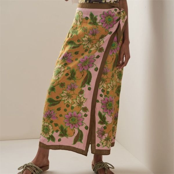 

skirt retro floral print lace up waist 2023 midi linen skirt 230705, Black