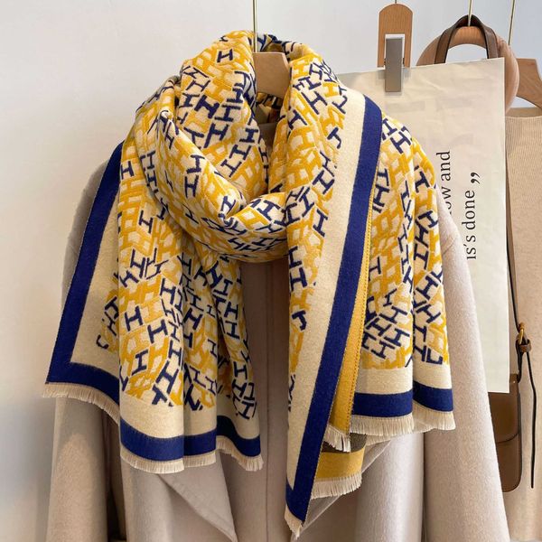 

designer hemrres scarf light luxury korean fashion h-letter double sided imitation cashmere versatile shawl autumn and winter long thickened, Blue;gray