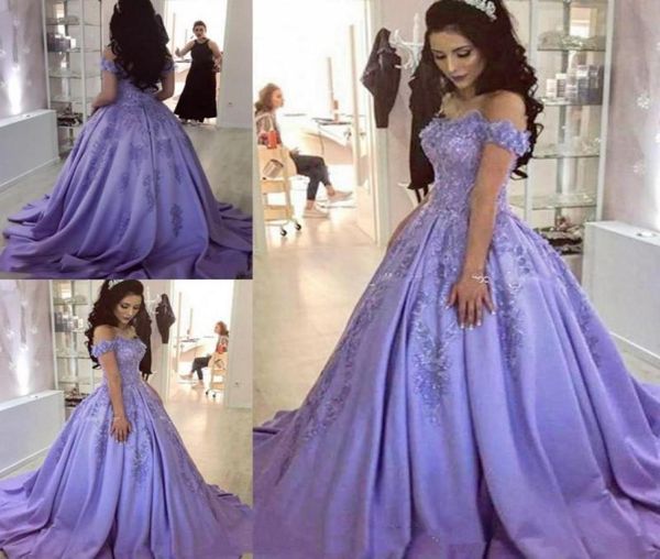 

ball gown lavender prom dresses off shoulder short sleeves sparkly appliques lace 2019 girls evening dress party gowns custom7566076, Black