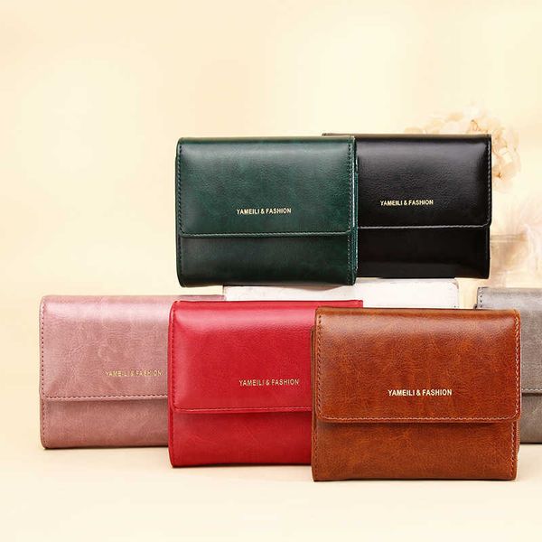 

2022 new short wallet women's oil wax leather zero wallet buckle coin bag women's small wallet
