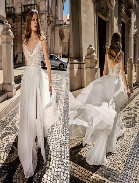 

2019 a line beach wedding dresses v neck lace backless split chiffon sweep train bridal gowns plus size vestido de novia6758375, White