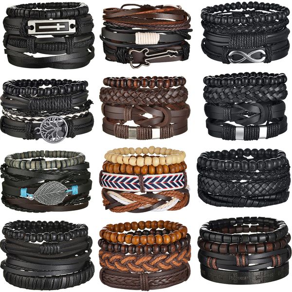 

chain memolissa 34pcs set braided wrap leather bracelet for men vintage life tree guitar wood beads fashion male bracelets wristband 230706, Black