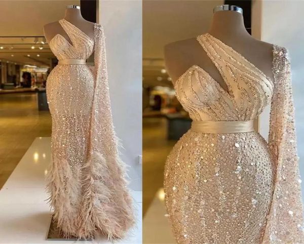 

sparkly mermaid prom dresses ostrich feather one shoulder beading sequined long sleeve pageant evening gown 2022 elegant vest1683104, Black