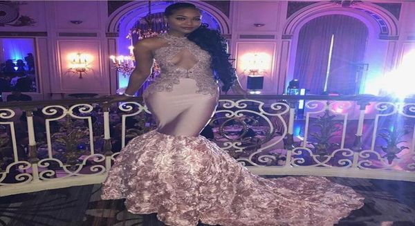 

dusty pink african prom dresses long open bust flowers long train appliques lace mermaid evening dress black girls formal par8924777