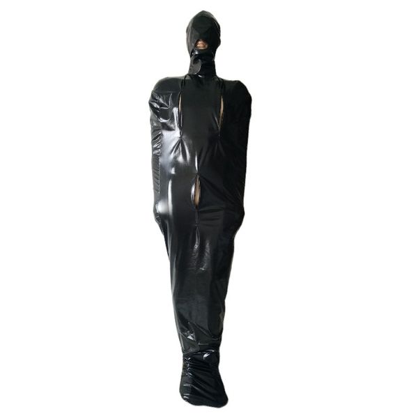 

black shiny metallic mummy costumes sleeping bag have inner sleeves catsuit with crotch and breast zipper halloween cosplay