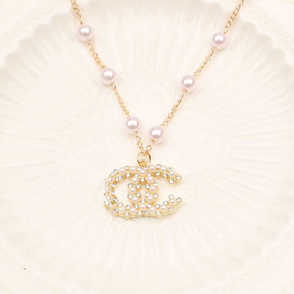 

luxury designer brand double letter pendant necklaces chain 18k gold plated pearl crysatl rhinestone sweater long newklace for women wedding, Silver