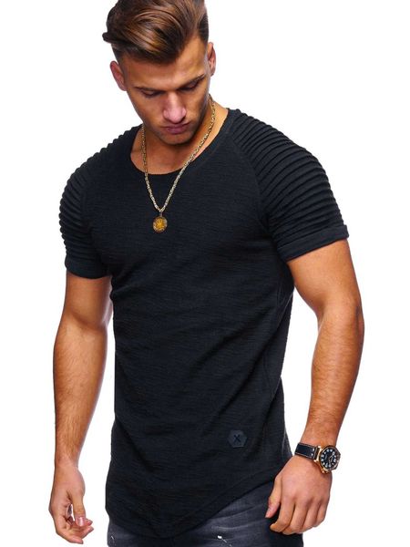 

men's round neck slim solid short sleeve t-shirt stripe pleated raglan, White;black